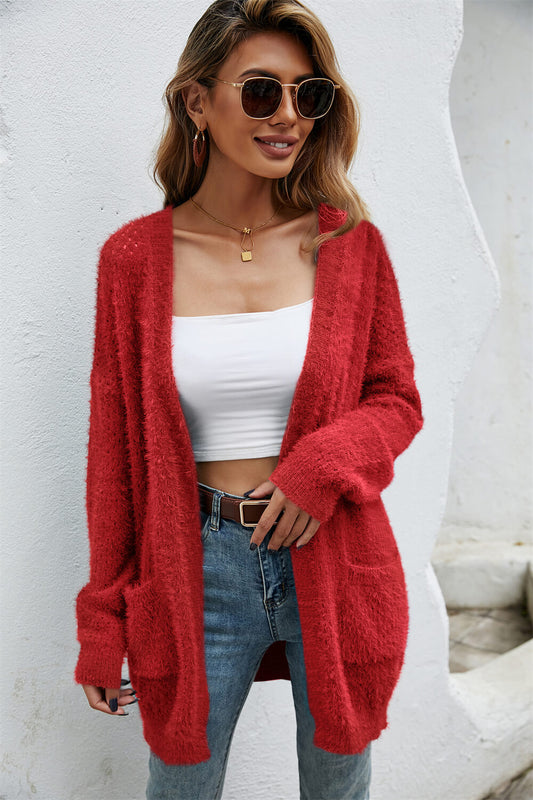 Open Front Openwork Fuzzy Cardigan with Pockets  Coats & Jackets- Doll Fits