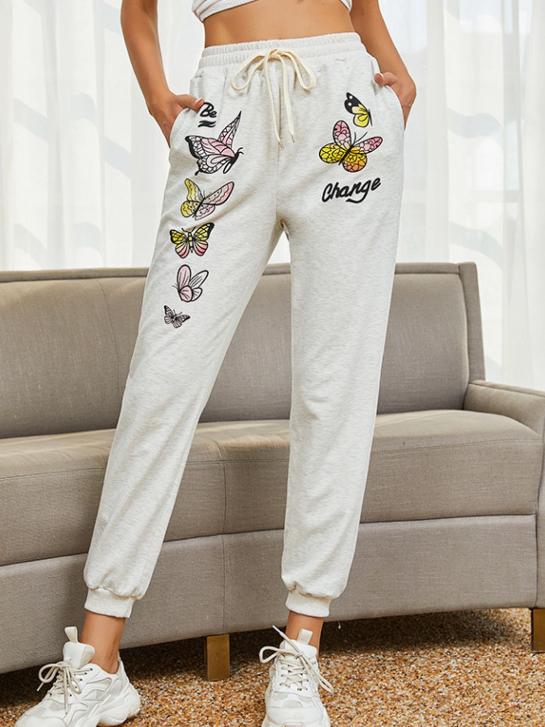 Tie Front Butterfly Graphic Long Pants  - Doll Fits