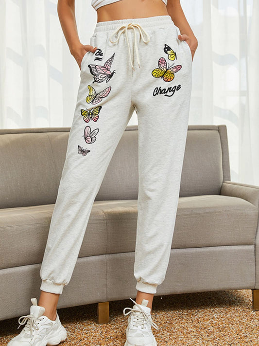 Tie Front Butterfly Graphic Long Pants  - Doll Fits