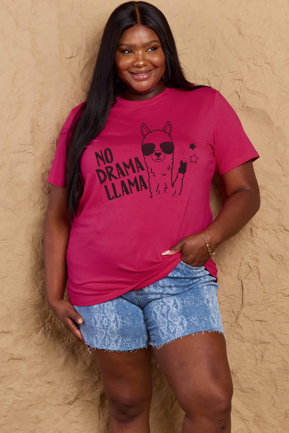 Simply Love Full Size NO DRAMA LLAMA Graphic Cotton Tee  - Doll Fits