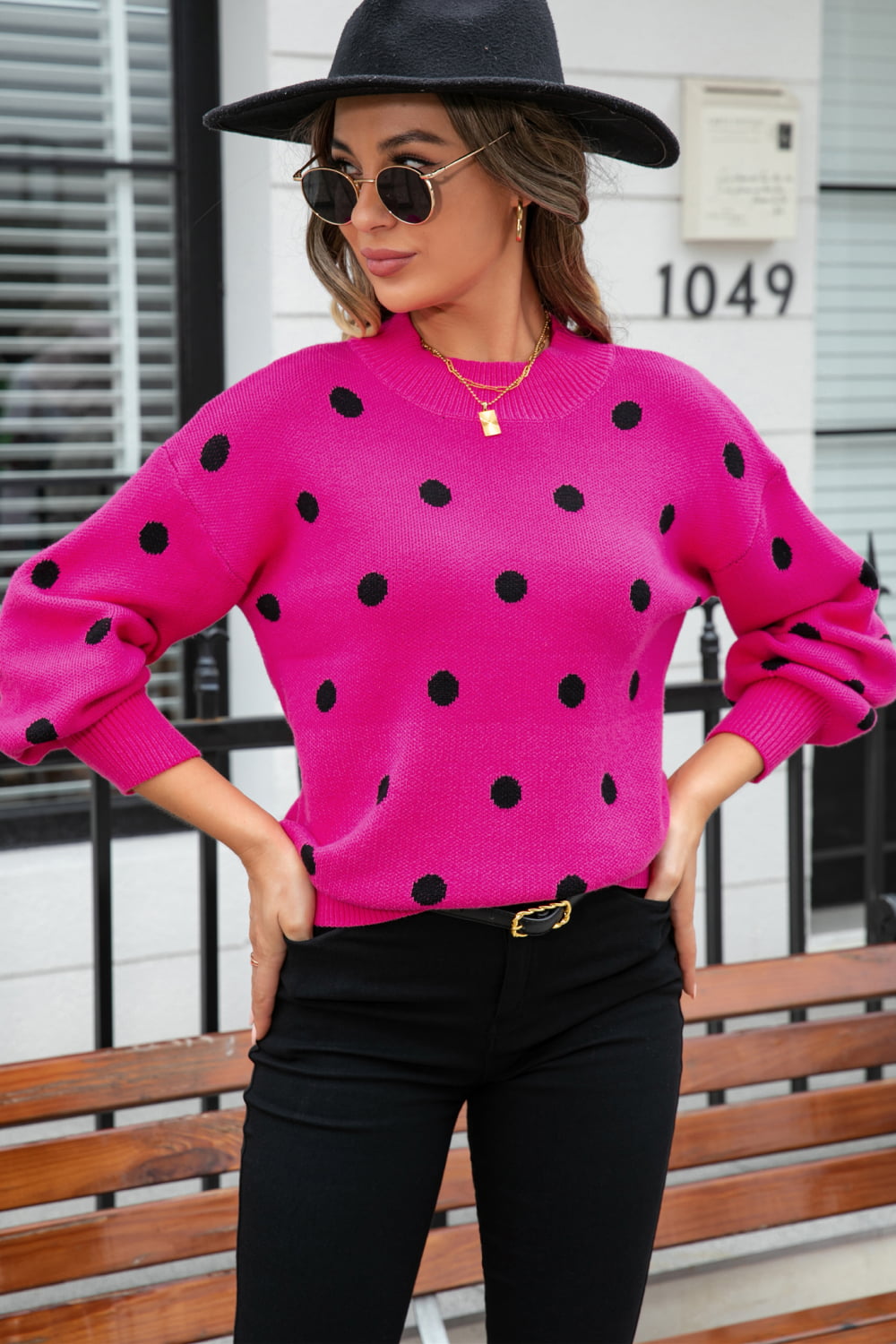 Woven Right Polka Dot Round Neck Dropped Shoulder Sweater  - Doll Fits