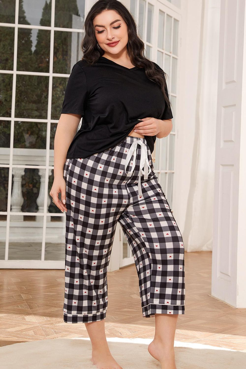 V-Neck Tee and Plaid Cropped Pants Lounge Set  Sleepwear & Loungewear- Doll Fits
