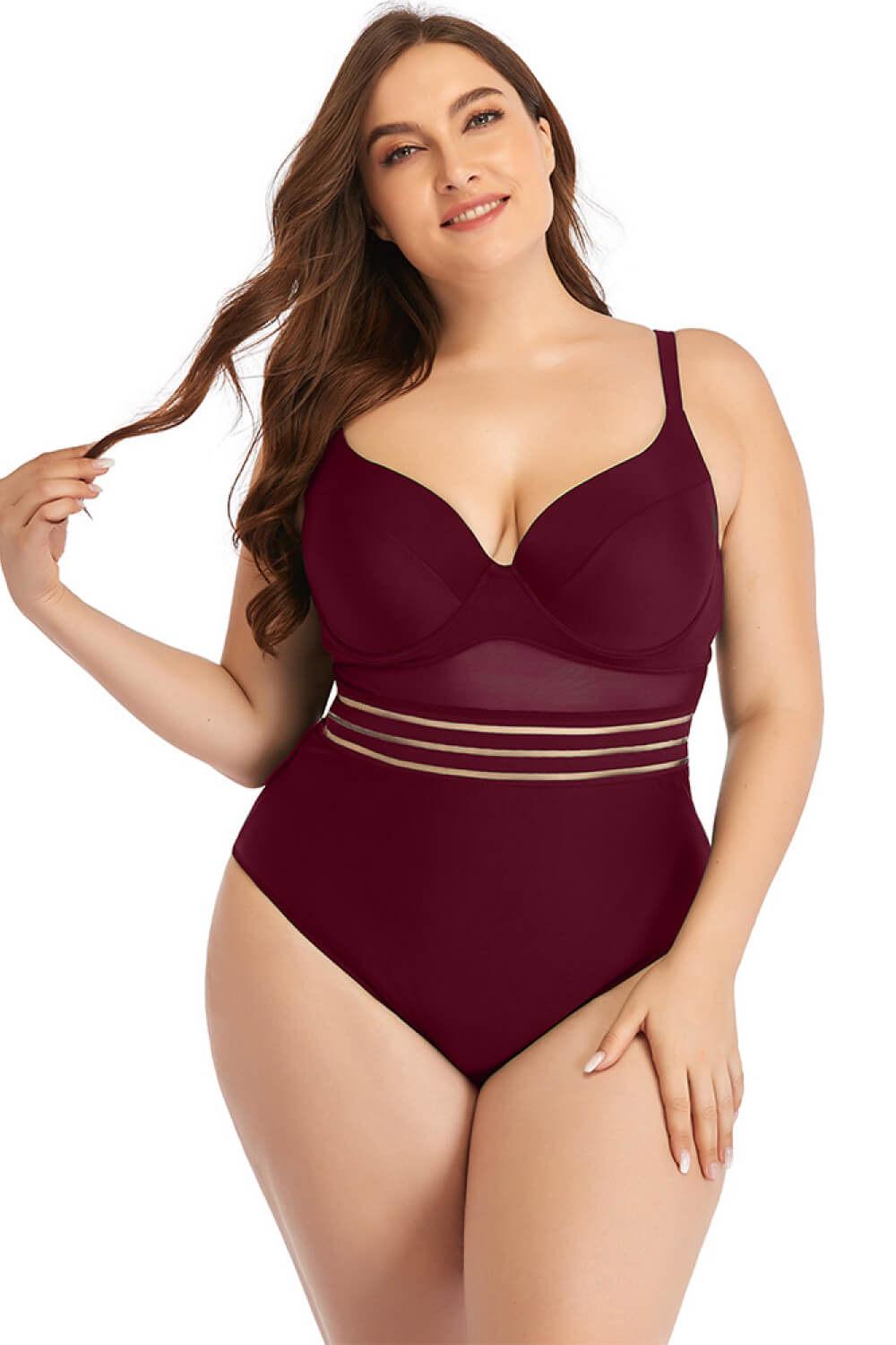 Plus Size Spliced Mesh Tie-Back One-Piece Swimsuit  Swimwear- Doll Fits