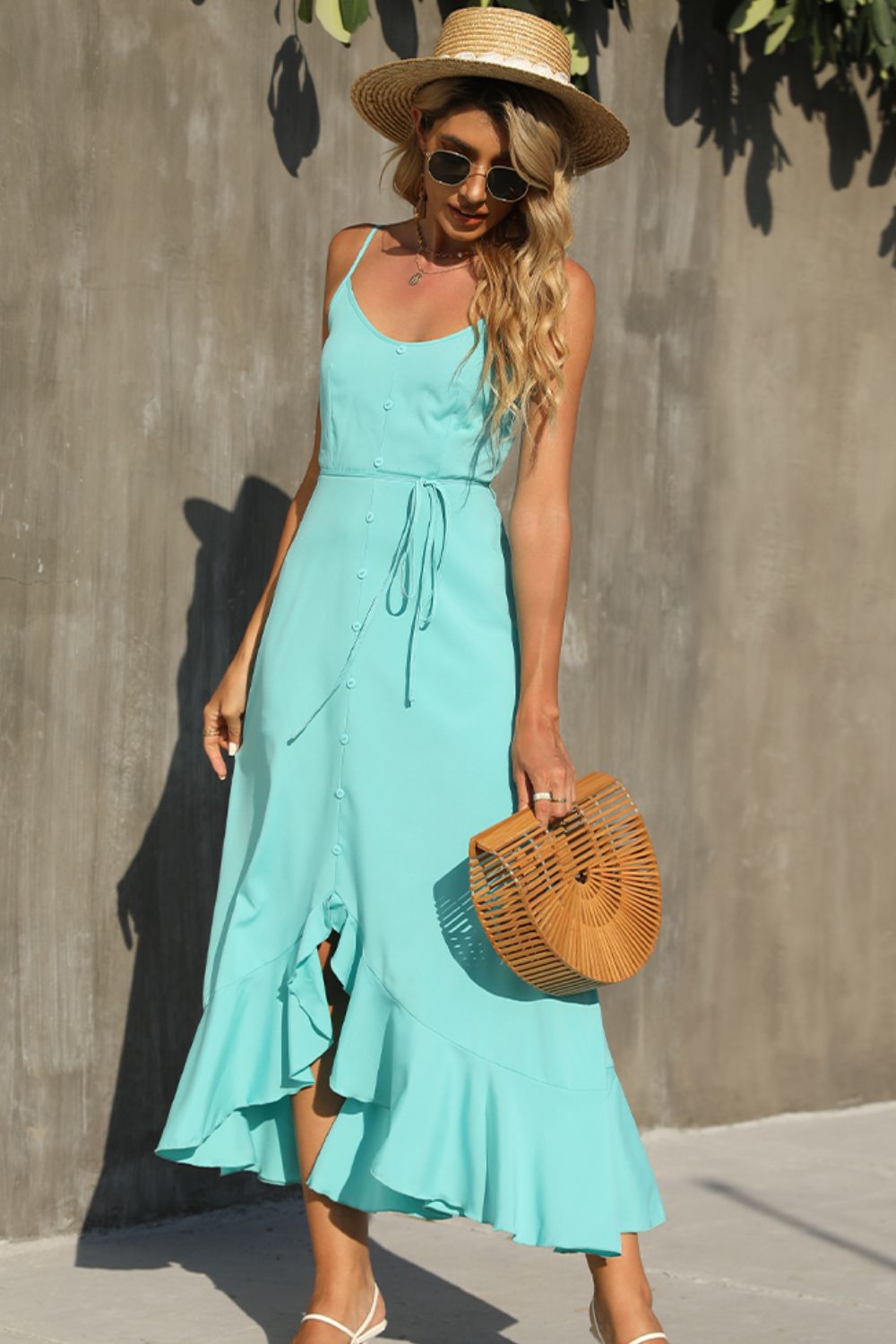 Decorative Button Spaghetti Strap Ruffle Hem Dress  Dresses- Doll Fits