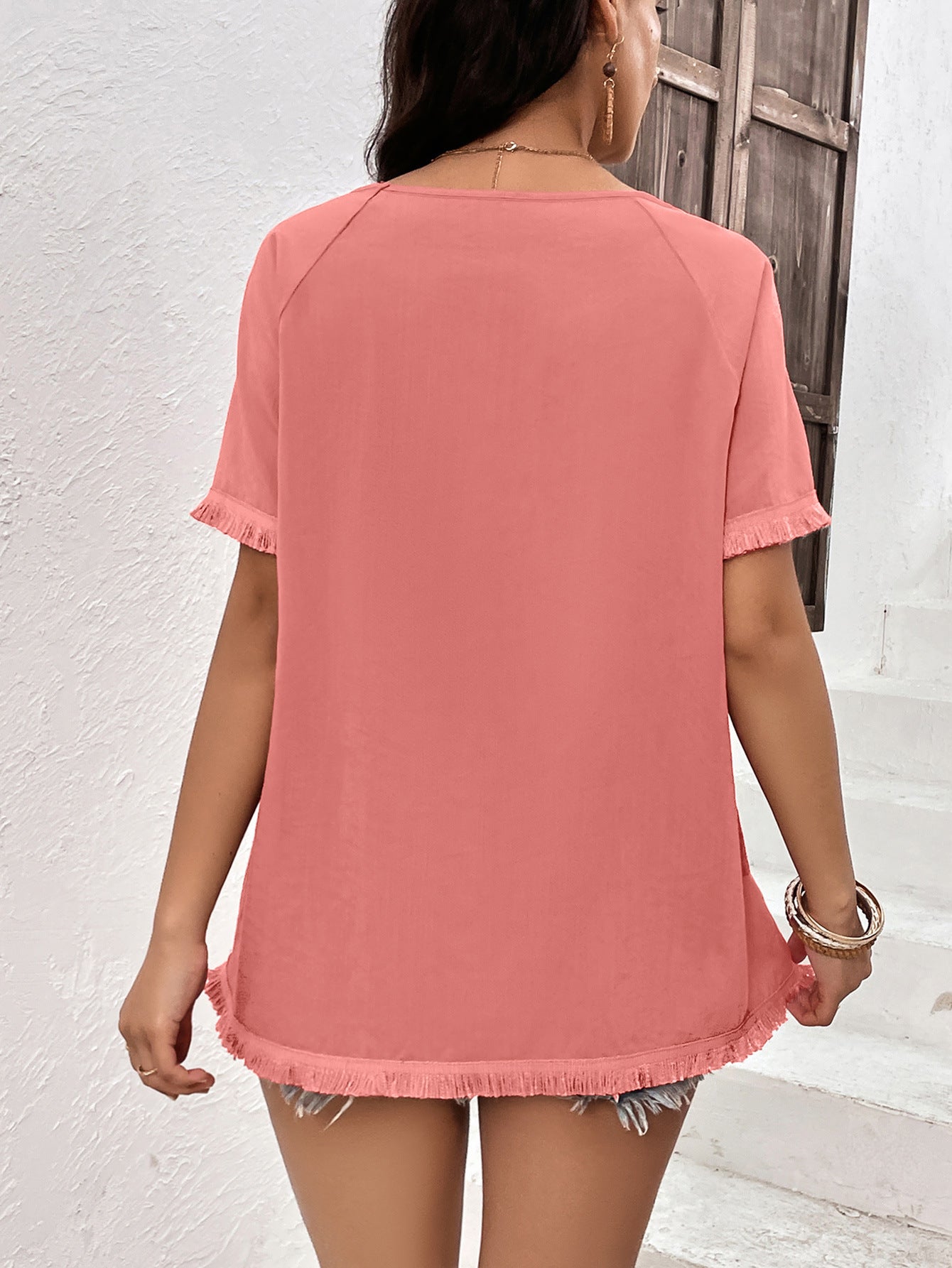 Round Neck Raglan Sleeve Fringe Detail Top  Shirts & Tops- Doll Fits