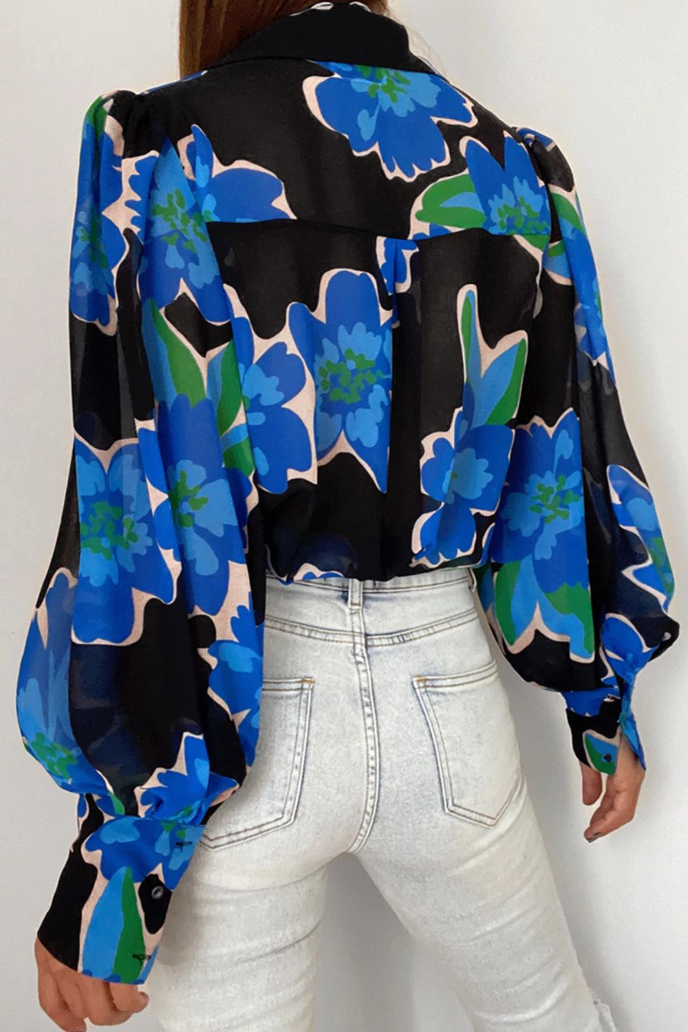 Double Take Flower Print Collared Neck Lantern Sleeve Shirt  - Doll Fits