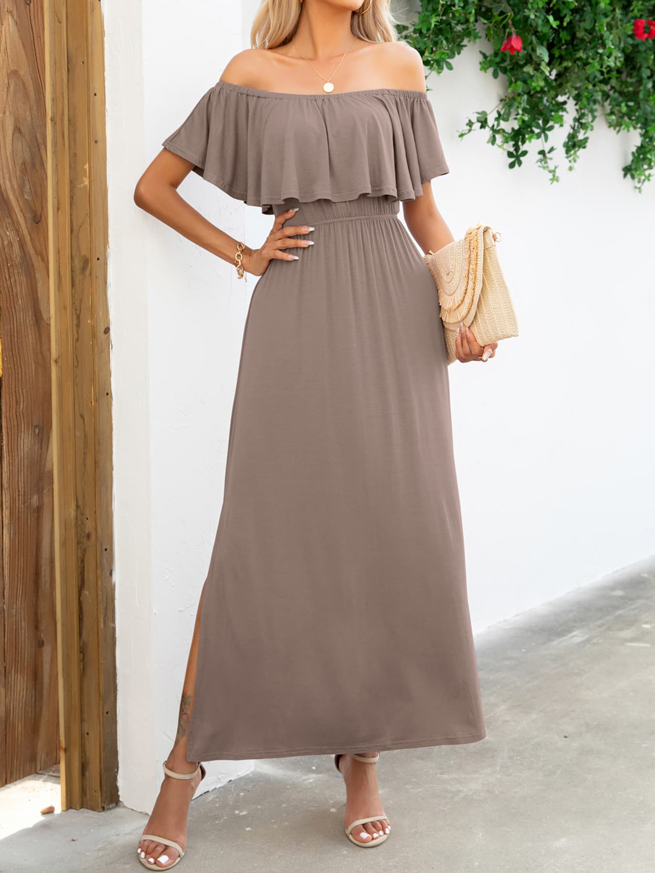 Off-Shoulder Slit Maxi Dress  Dresses- Doll Fits