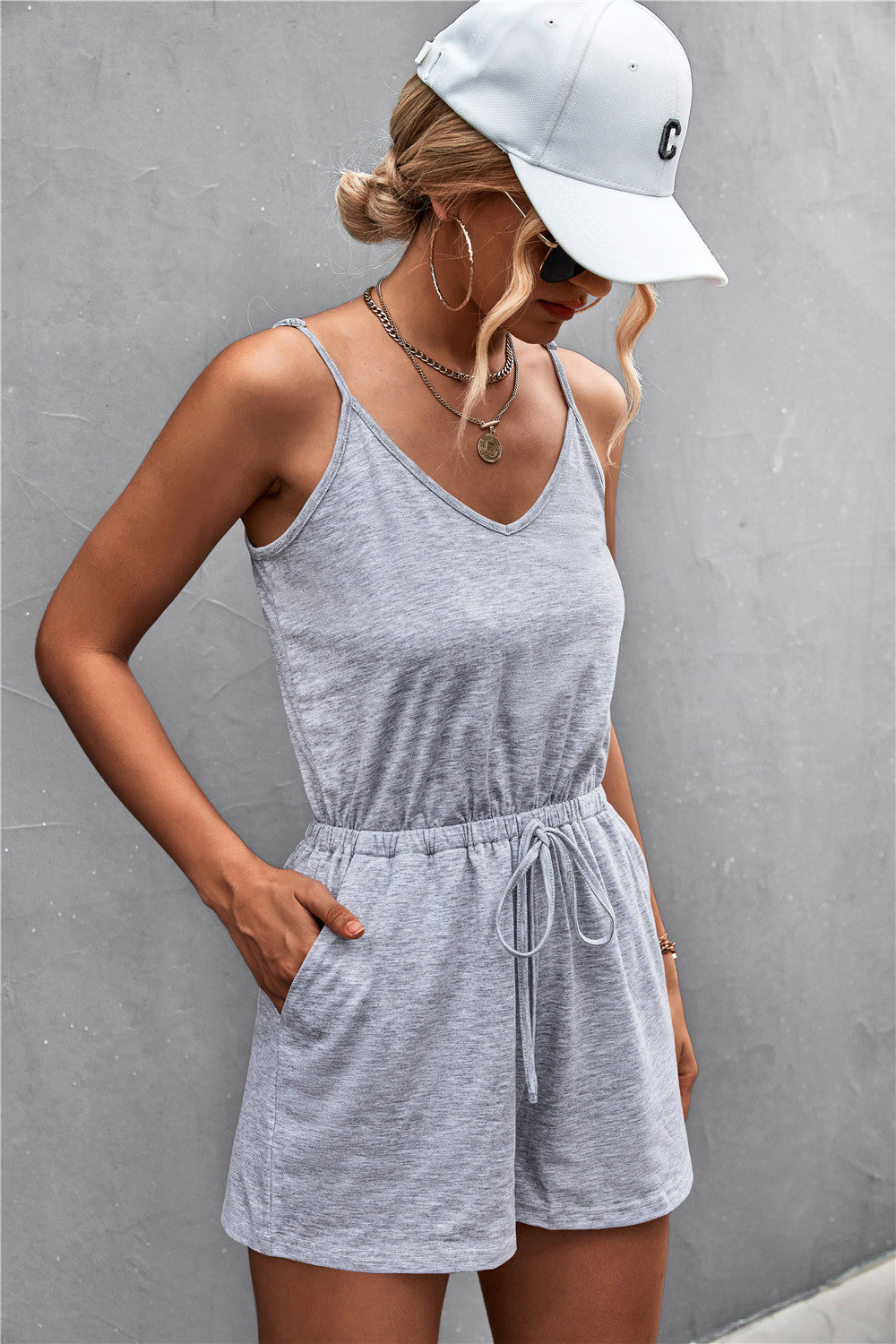 Spaghetti Strap V-Neck Pocket Romper  Jumpsuits & Rompers- Doll Fits