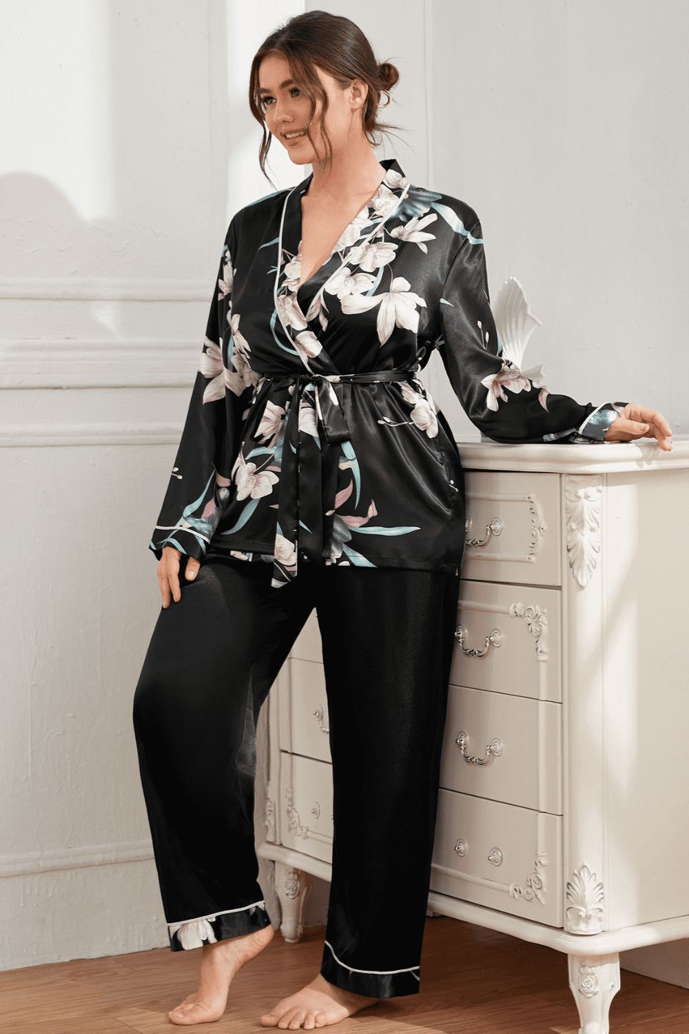 Plus Size Floral Belted Robe and Pants Pajama Set  Sleepwear & Loungewear- Doll Fits