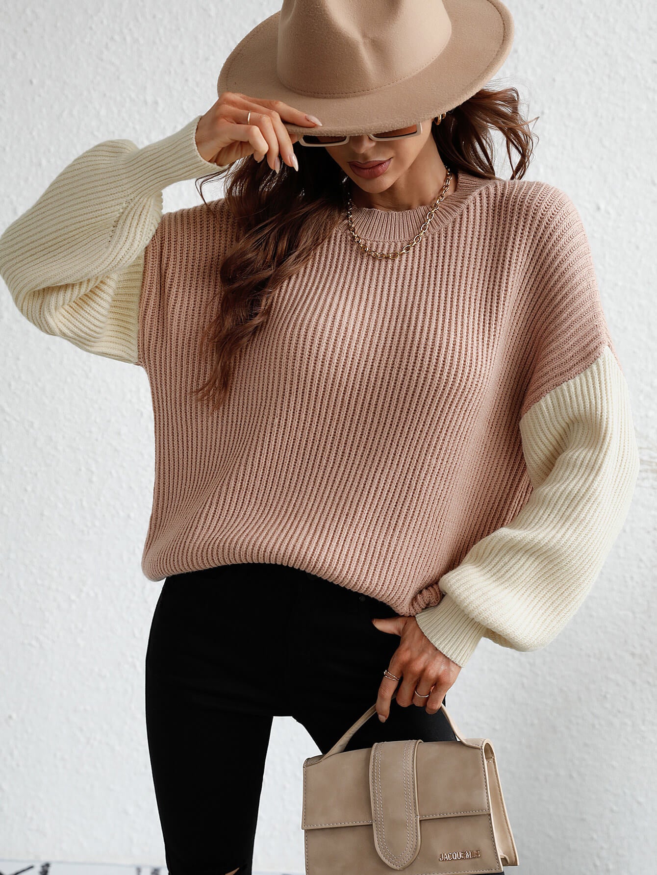 Two-Tone Rib-Knit Dropped Shoulder Sweater  Shirts & Tops- Doll Fits