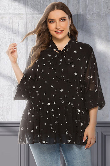 Plus Size Star Print Tie-Neck Peplum Blouse  Shirts & Tops- Doll Fits