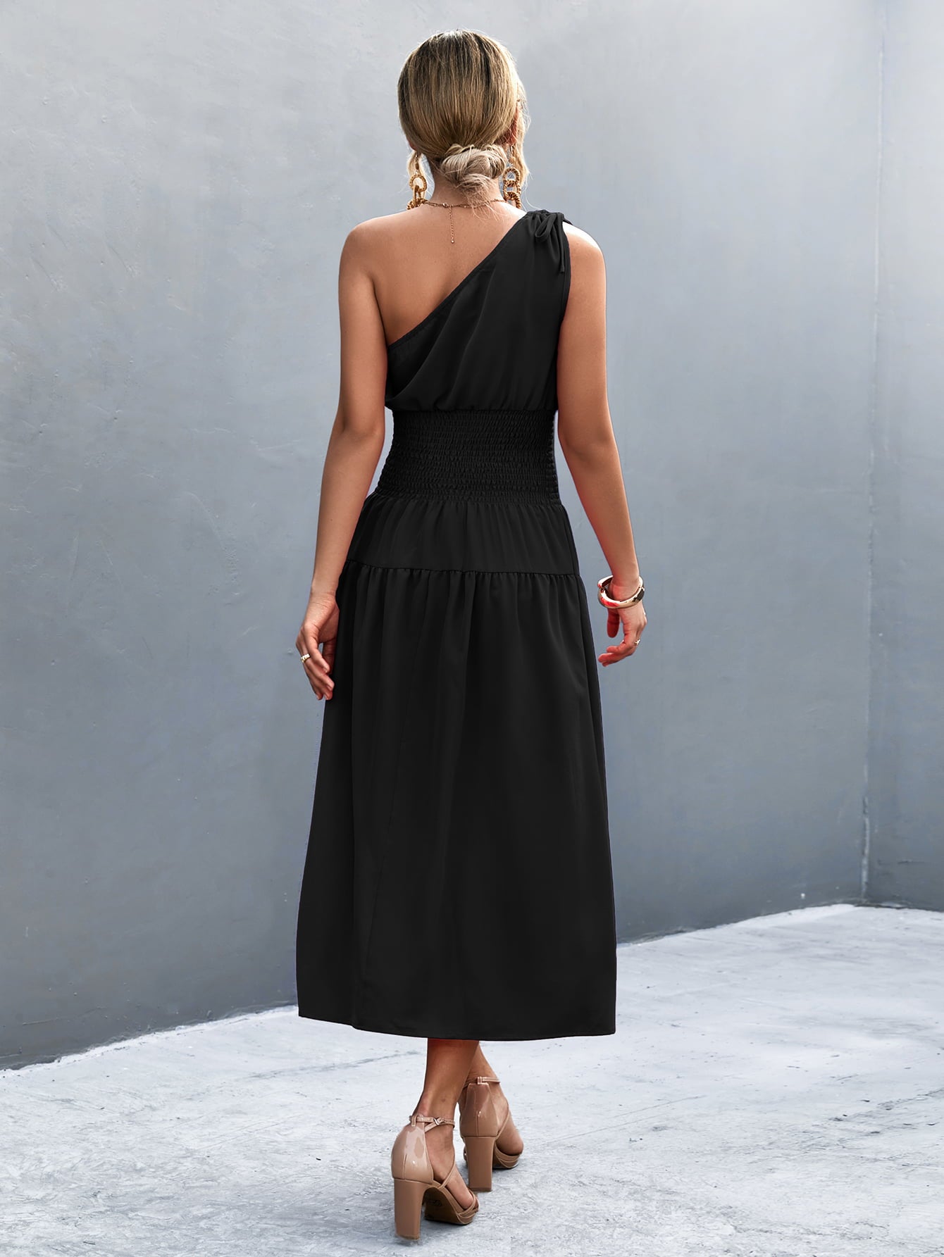 Asymmetrical One Shoulder Smocked Waist Midi Dress  Dresses- Doll Fits