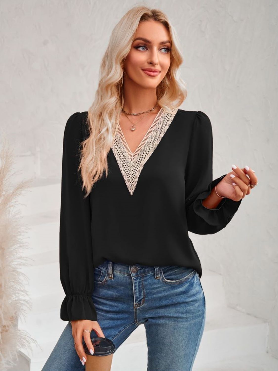 Contrast Trim Flounce Sleeve V-Neck Blouse  Shirts & Tops- Doll Fits
