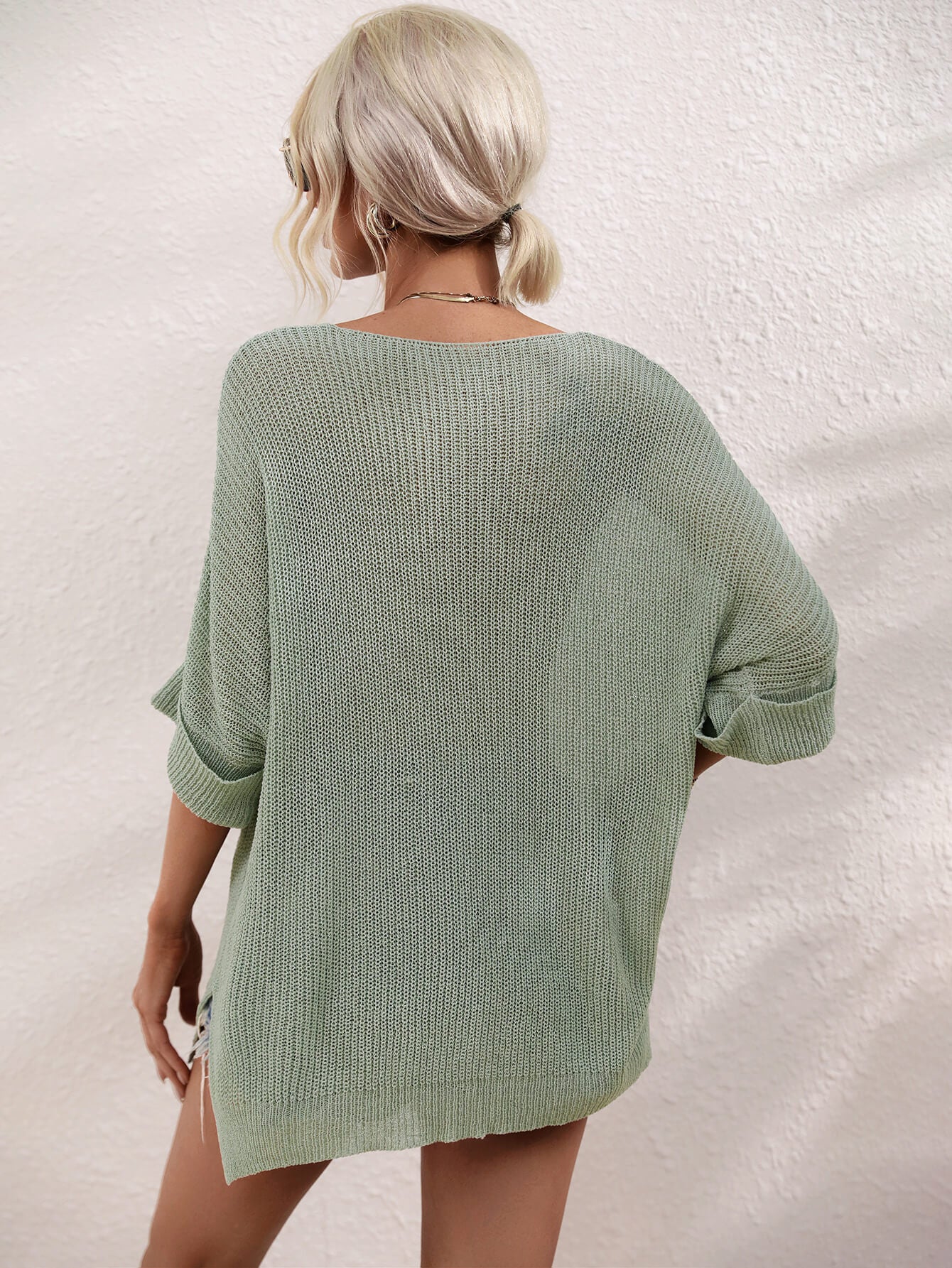 Boat Neck Cuffed Sleeve Slit Tunic Knit Top  Shirts & Tops- Doll Fits