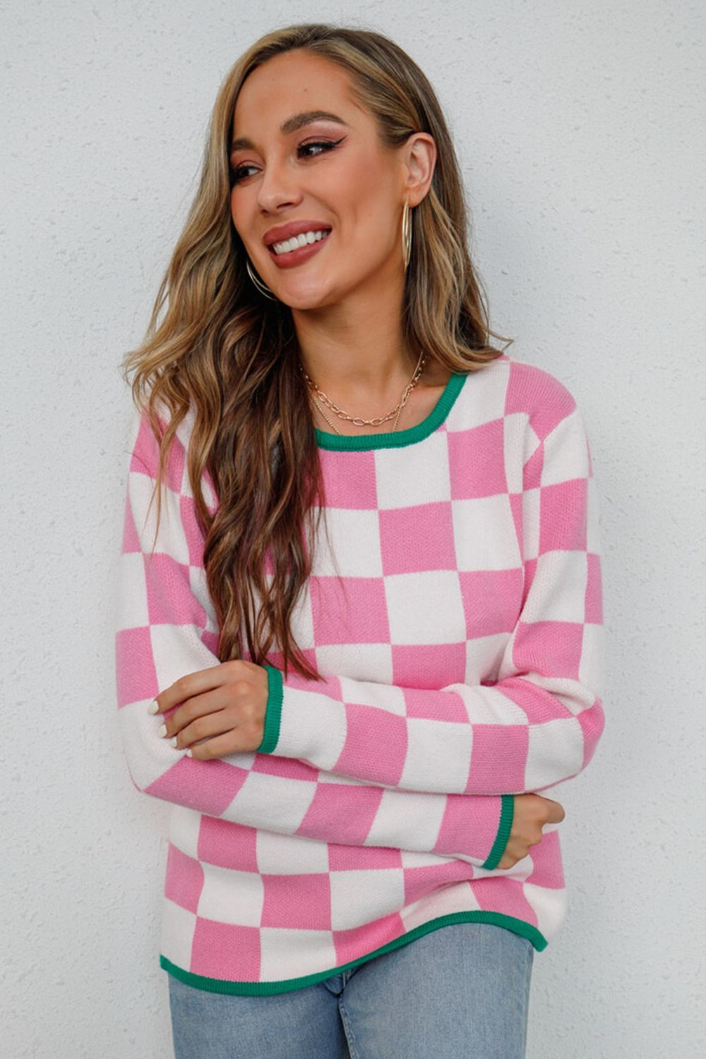 Checkered Round Neck Sweater  Shirts & Tops- Doll Fits