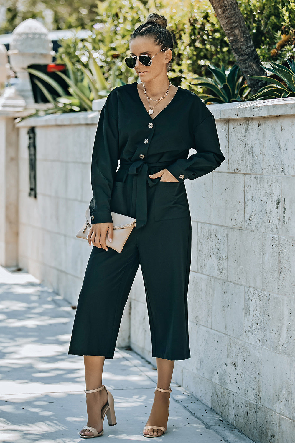 Belted Button Front Cropped Jumpsuit  Jumpsuits & Rompers- Doll Fits