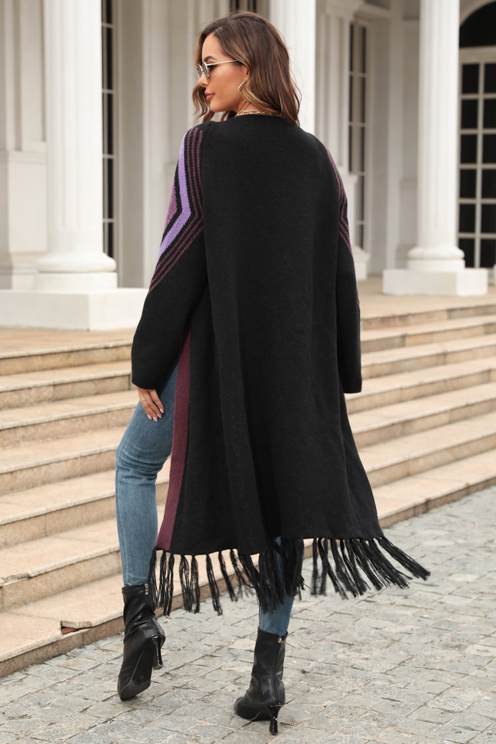 Double Take Geometric Fringe Hem Open Front Duster Cardigan  - Doll Fits