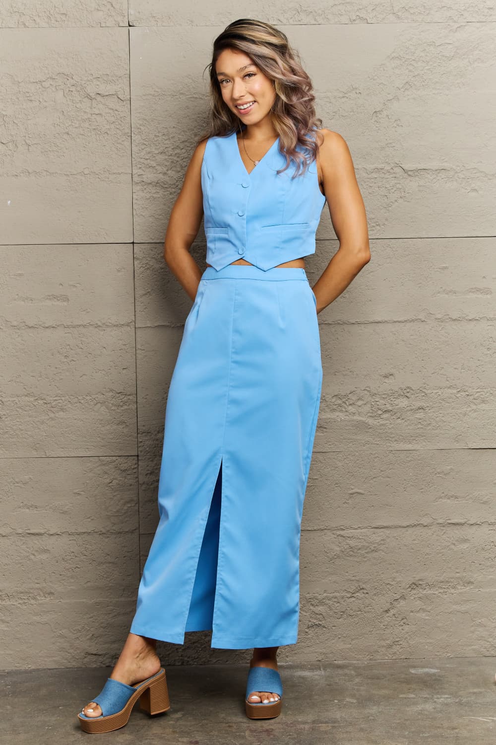 V-Neck Vest and Slit Maxi Skirt Set  - Doll Fits