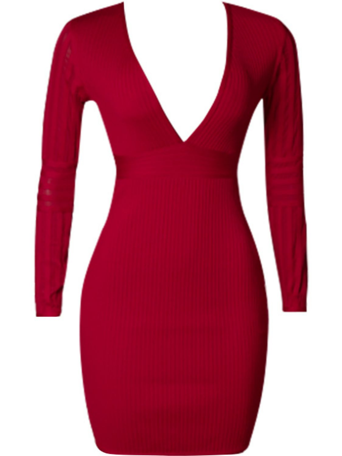 Ribbed Deep V Long Sleeve Mini Bandage Dress  Dresses- Doll Fits