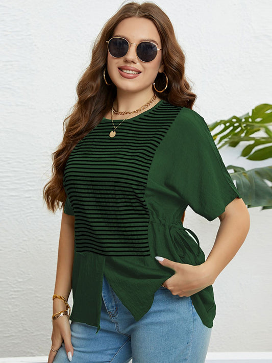 Plus Size Striped Drawstring Slit Top  Shirts & Tops- Doll Fits