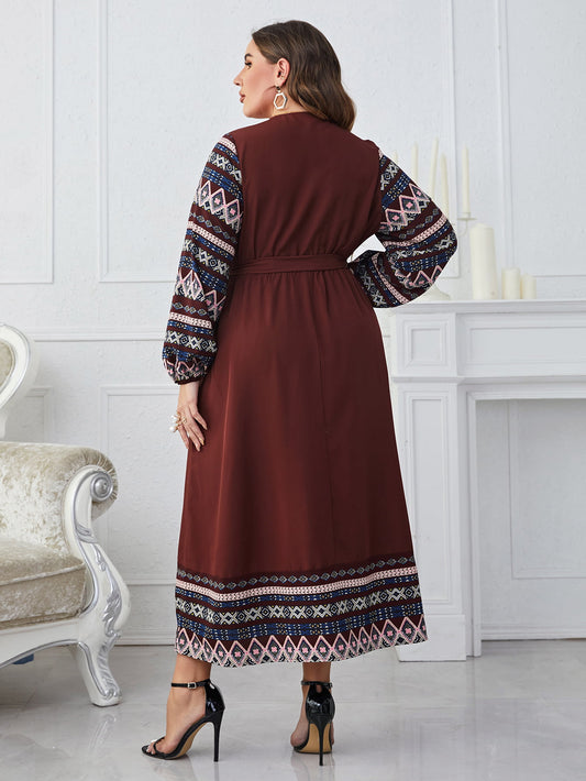 Melo Apparel Plus Size Surplice Neck Tie Belt Balloon Sleeve Dress  Dresses- Doll Fits