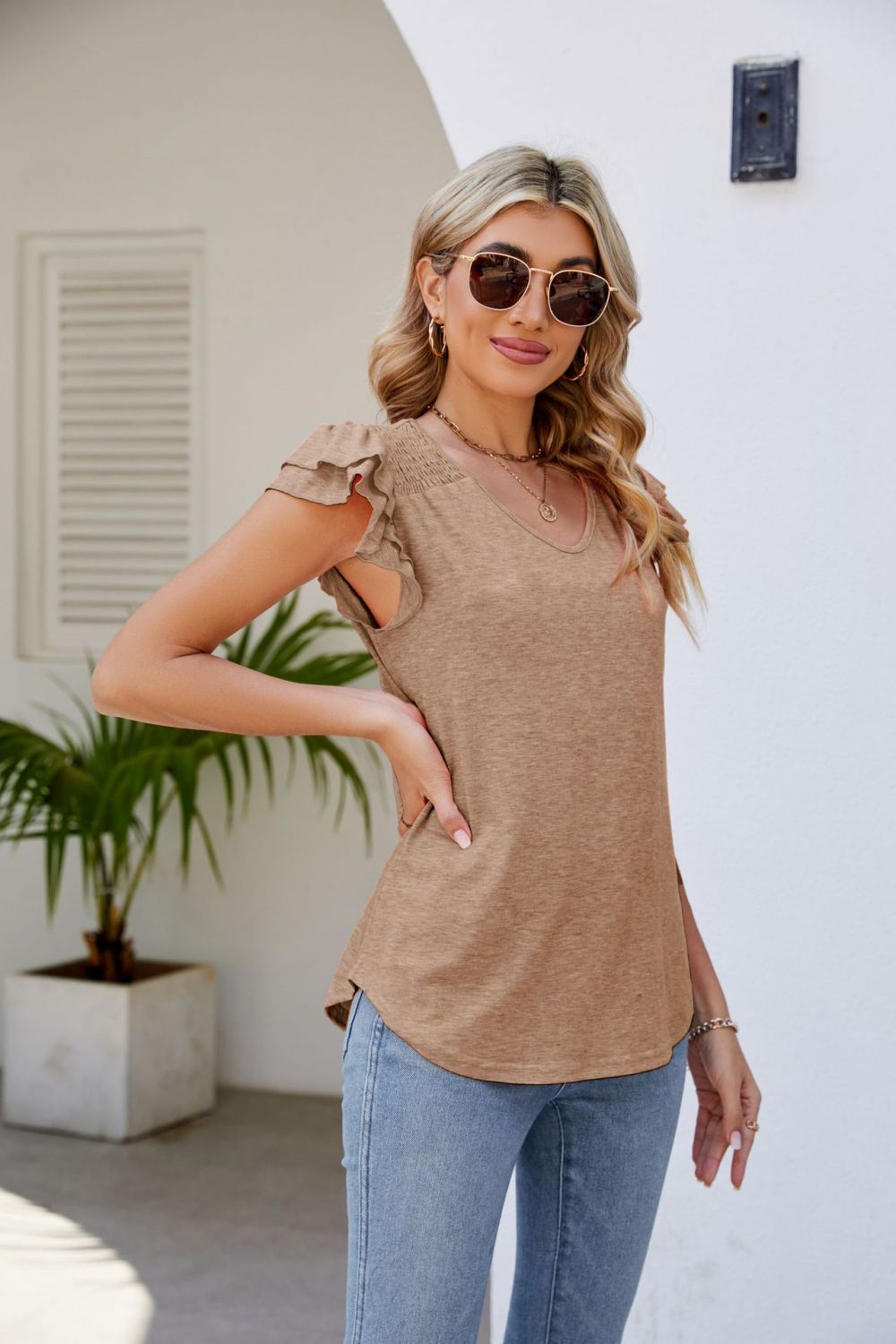 Smocked Flutter Sleeve V-Neck Top  Shirts & Tops- Doll Fits