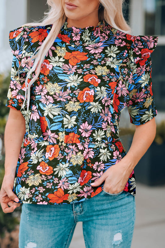 Floral Ruffle Shoulder Frill Neck Blouse  Shirts & Tops- Doll Fits