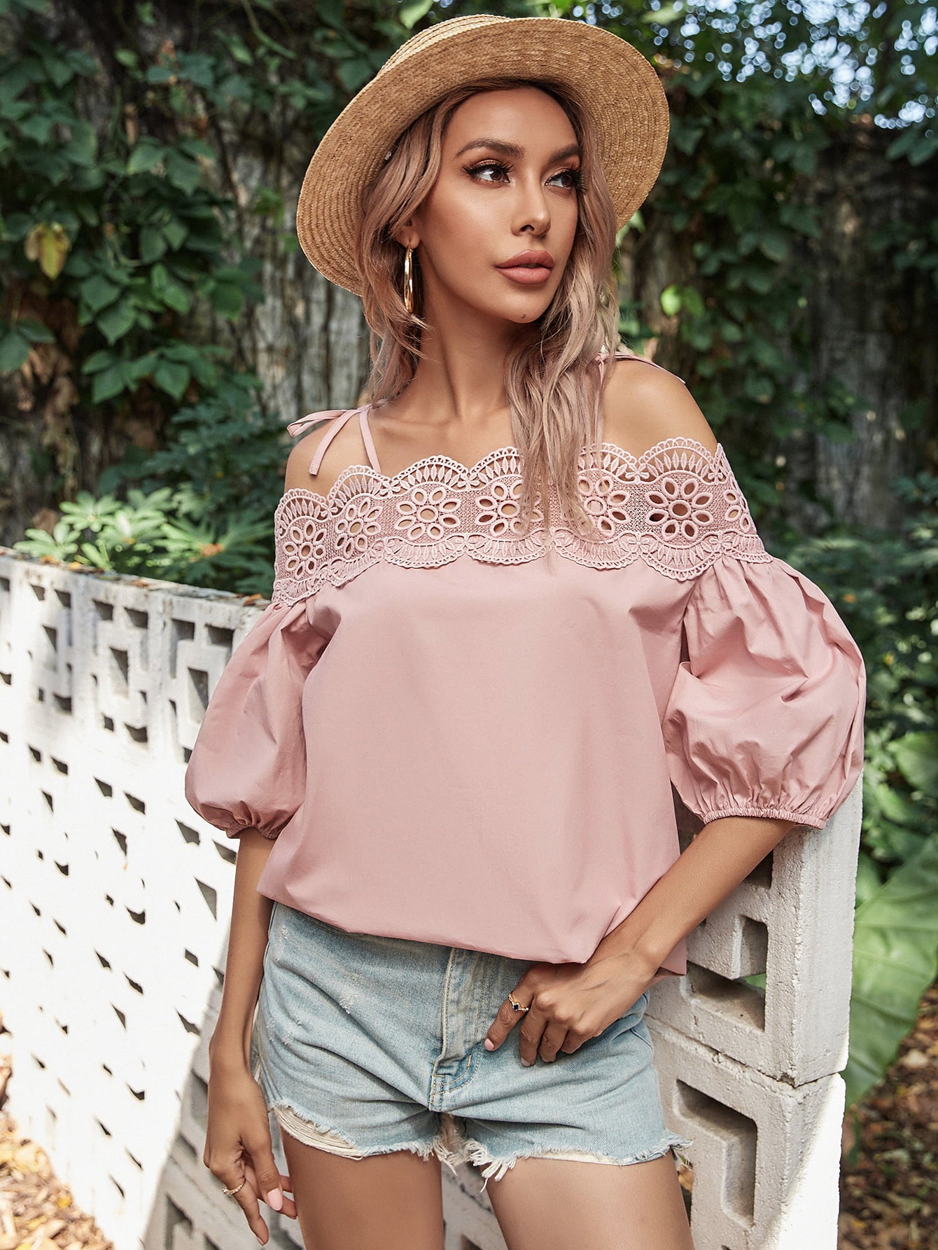 Lace Trim Off-Shoulder Bubble Sleeve Blouse  - Doll Fits