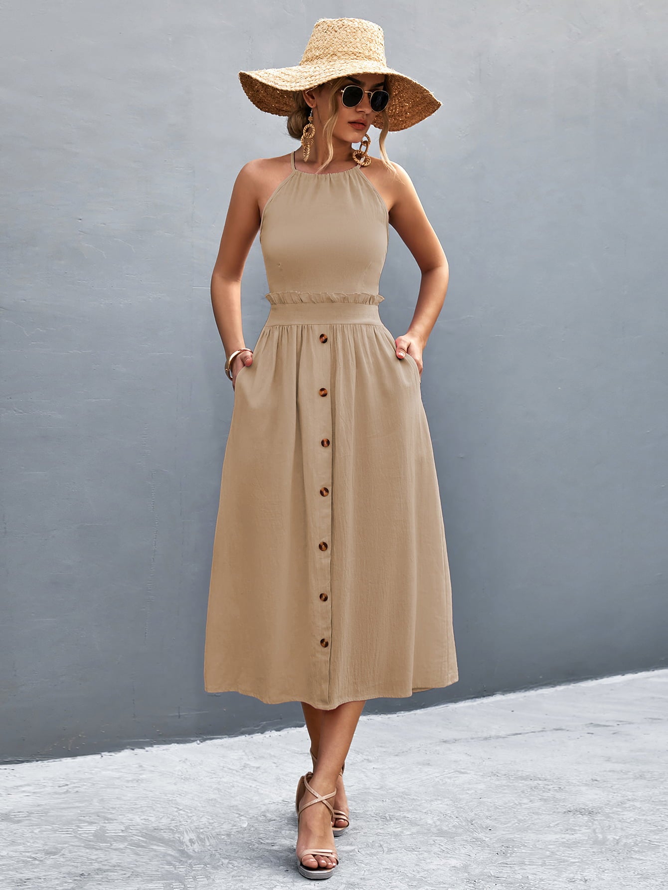 Buttoned Halter Neck Frill Trim Midi Dress  Dresses- Doll Fits
