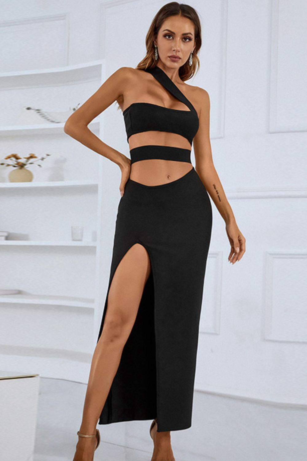 One-Shoulder Cutout Front Split Maxi Dress  Dresses- Doll Fits