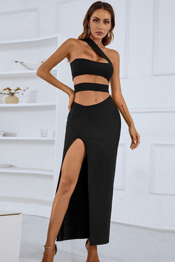 One-Shoulder Cutout Front Split Maxi Dress  Dresses- Doll Fits