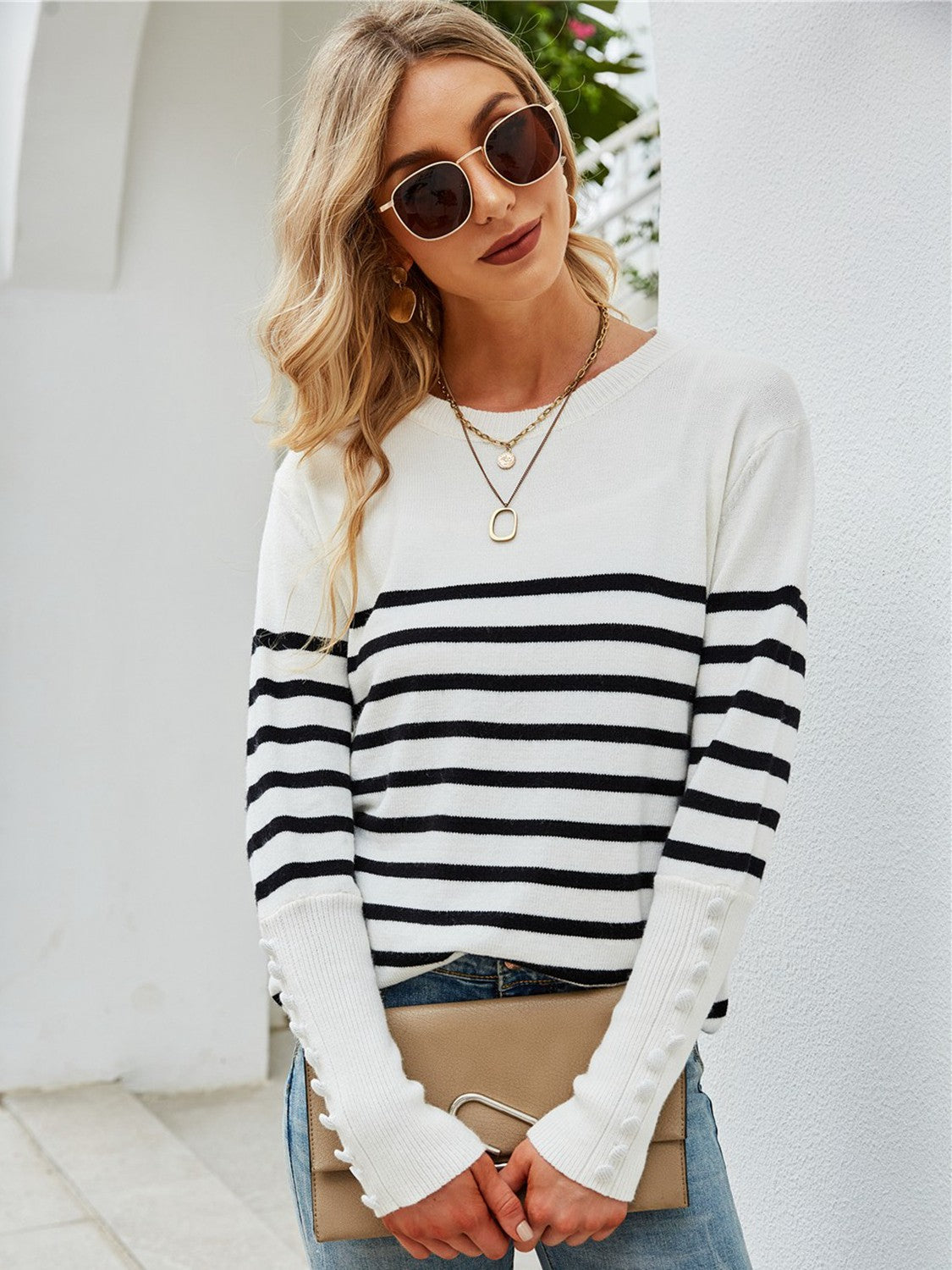 Striped Decorative Button Knit Top  Shirts & Tops- Doll Fits
