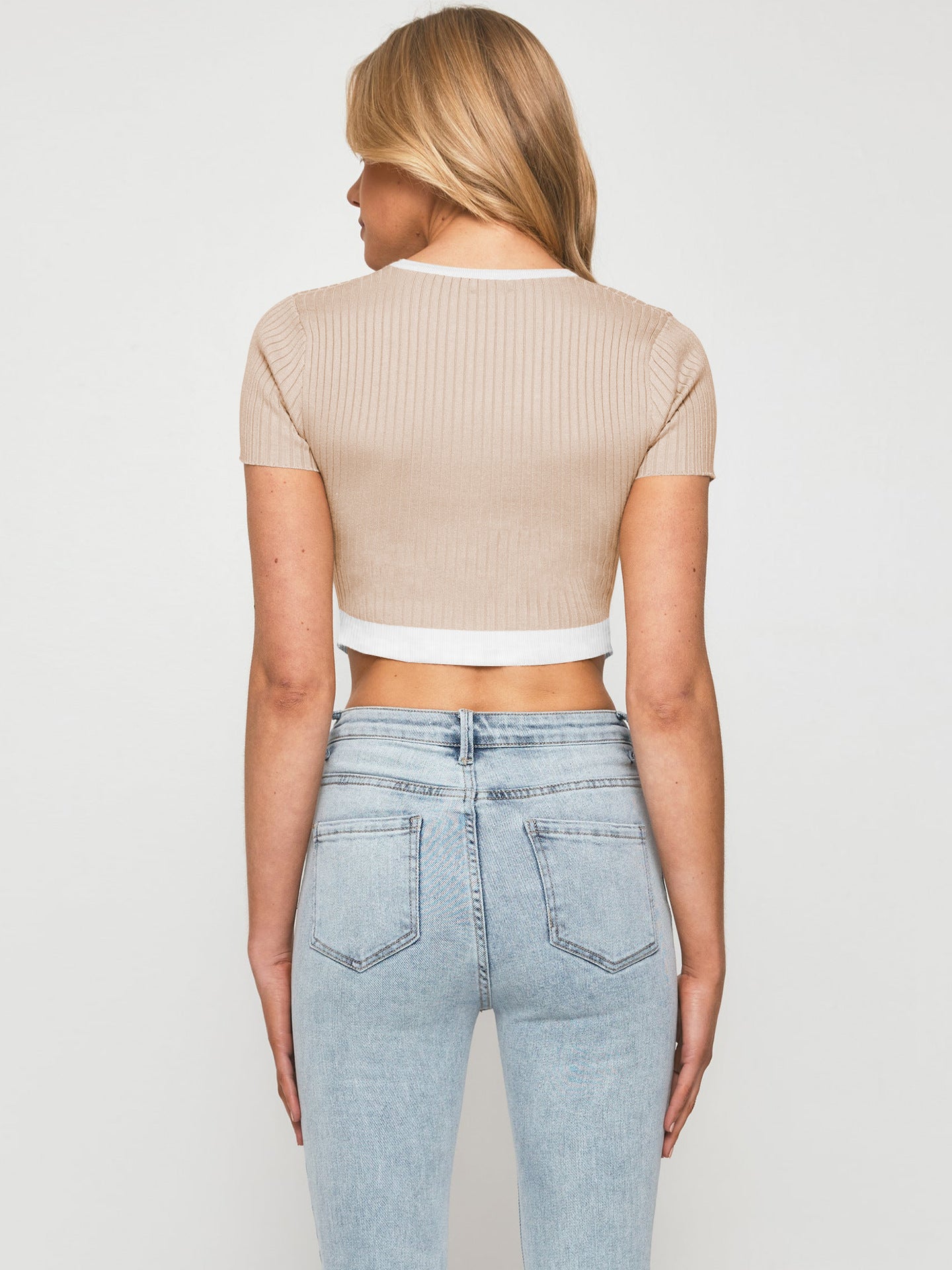 Contrast Trim Pointed Hem Ribbed Crop Top  Shirts & Tops- Doll Fits