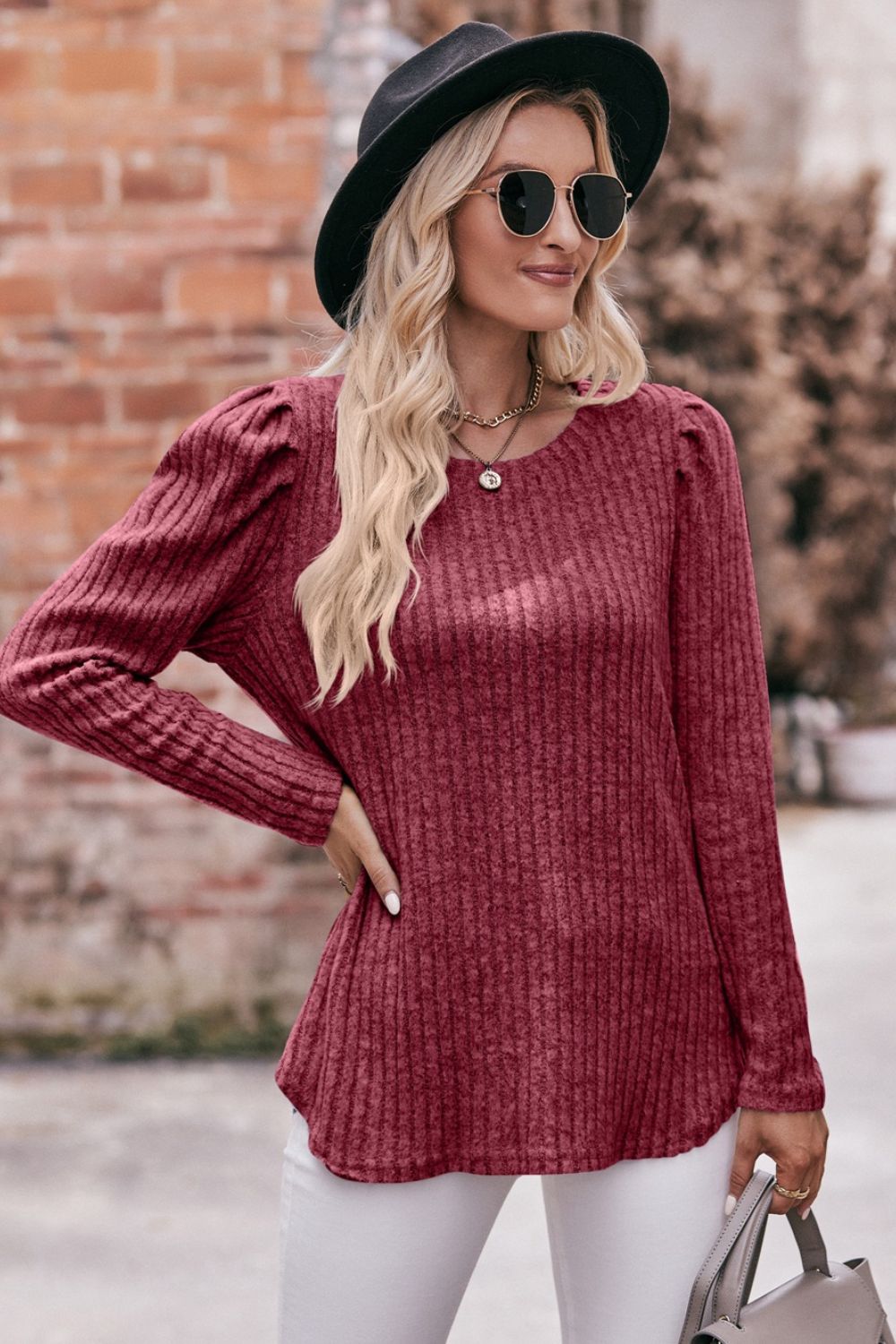 Round Neck Puff Sleeve Ribbed Top  Shirts & Tops- Doll Fits