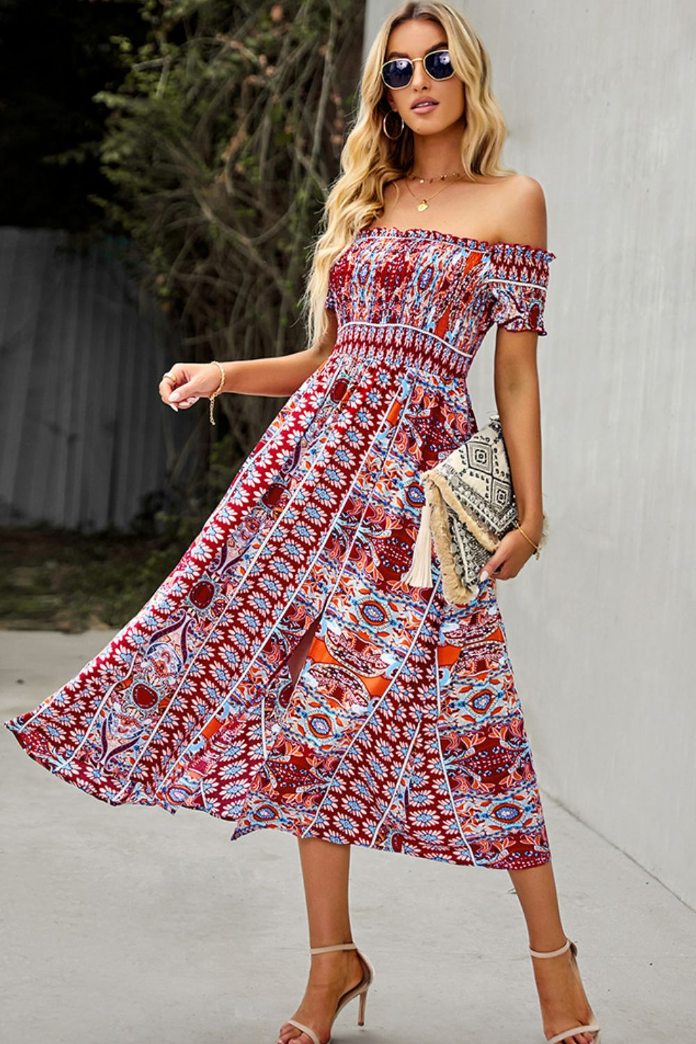 Bohemian Off-Shoulder Frill Trim Split Dress  Dresses- Doll Fits