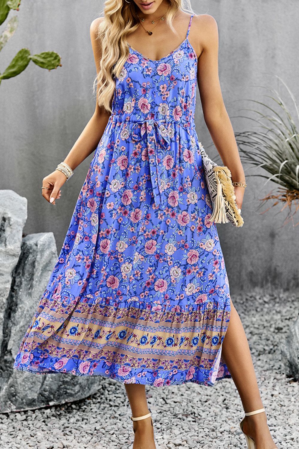 Bohemian Spaghetti Strap Drawstring Slit Dress  Dresses- Doll Fits