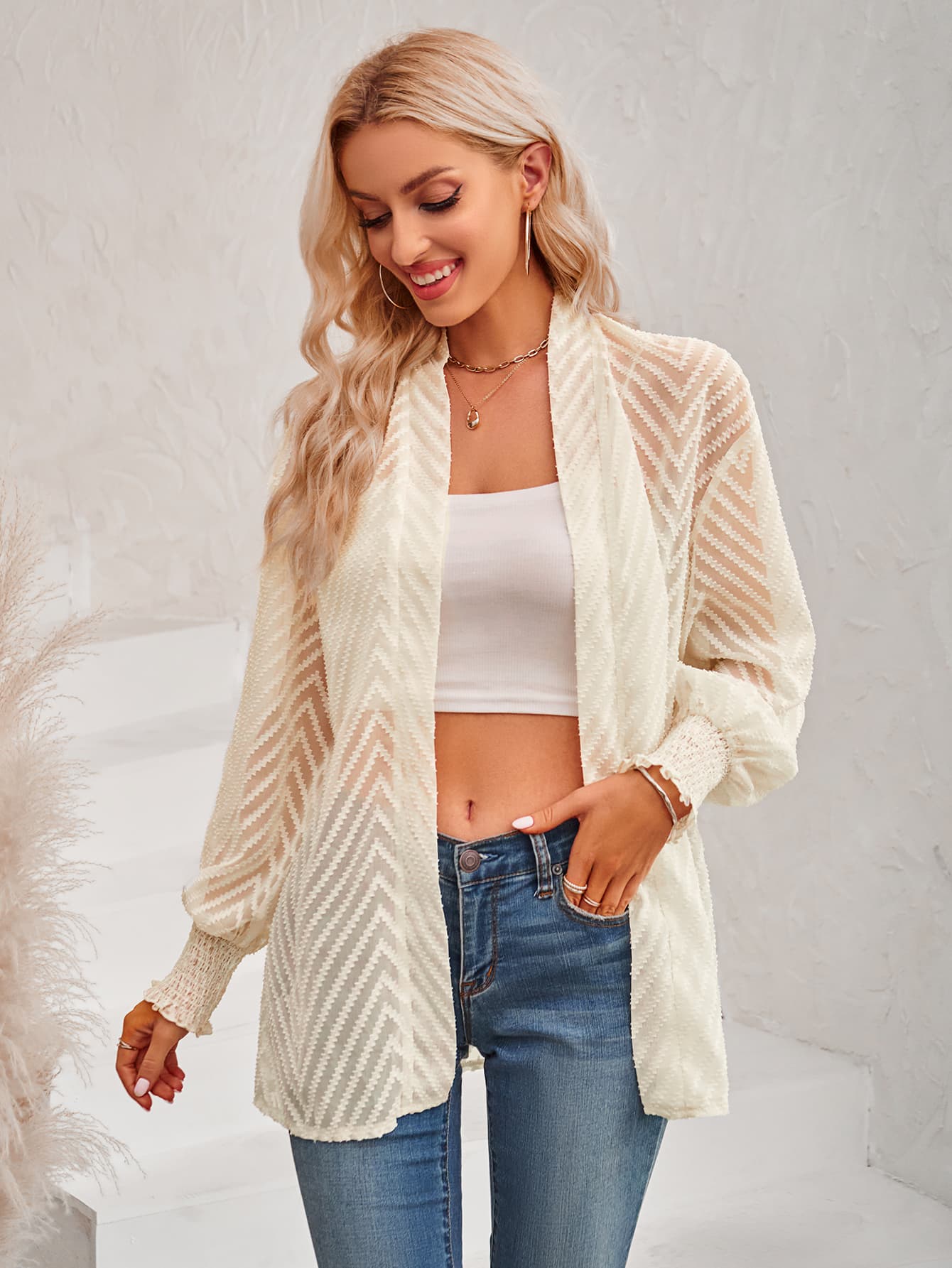 Lantern Sleeve Open Front Sheer Cardigan  Coats & Jackets- Doll Fits