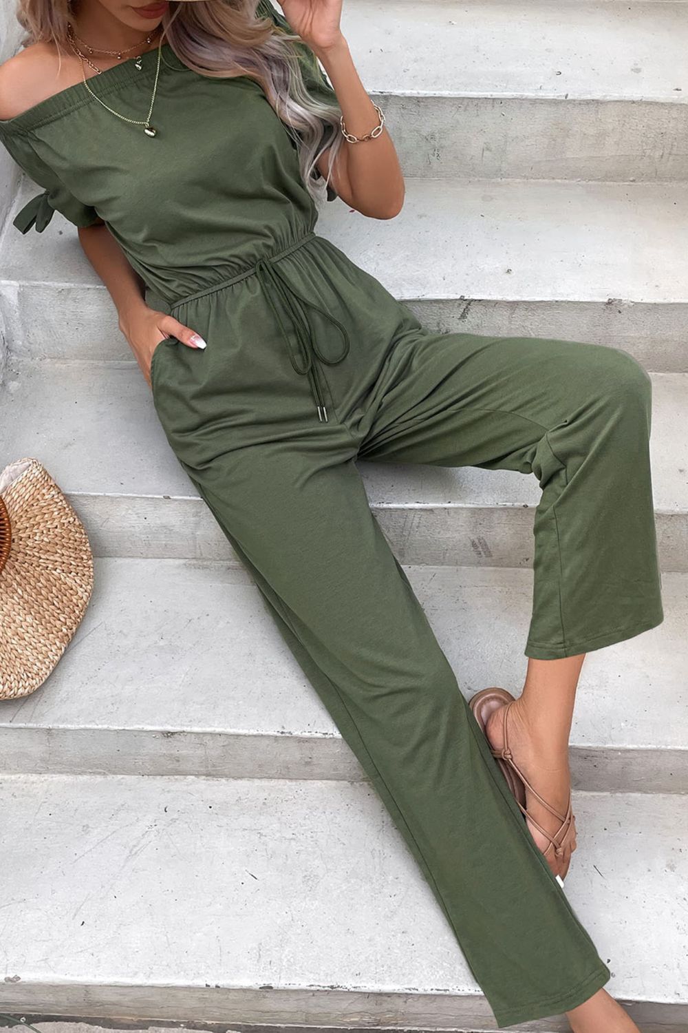 Off-Shoulder Tie Cuff Jumpsuit with Pockets  Jumpsuits & Rompers- Doll Fits