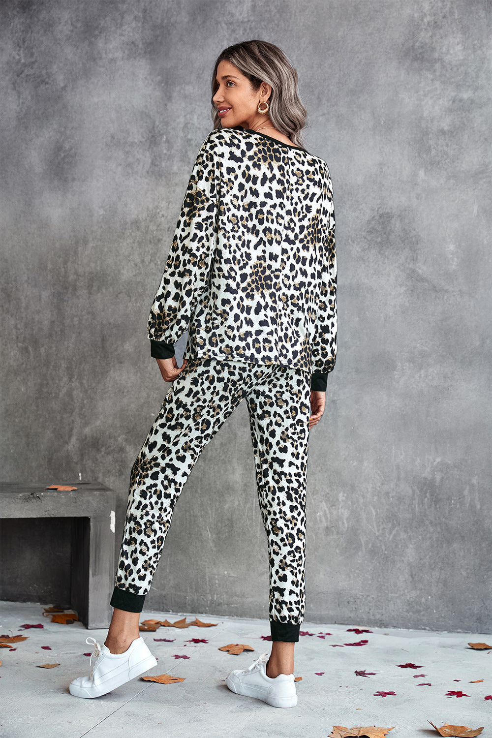 Leopard V-Neck Dropped Shoulder Loungewear Set  - Doll Fits