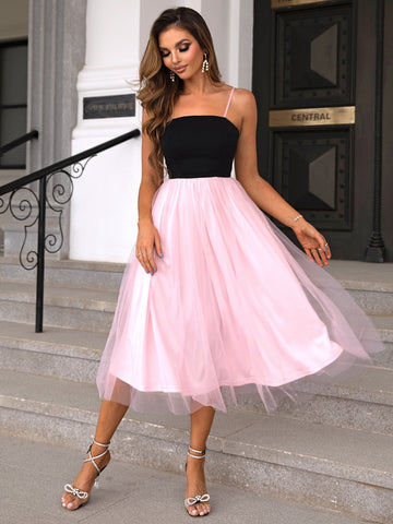 Two-Tone Spaghetti Strap Mesh Dress  Dresses- Doll Fits