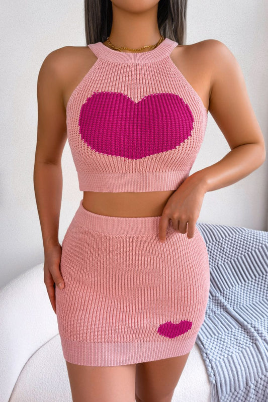 Heart Contrast Ribbed Sleeveless Knit Top and Skirt Set  Outfit Sets- Doll Fits