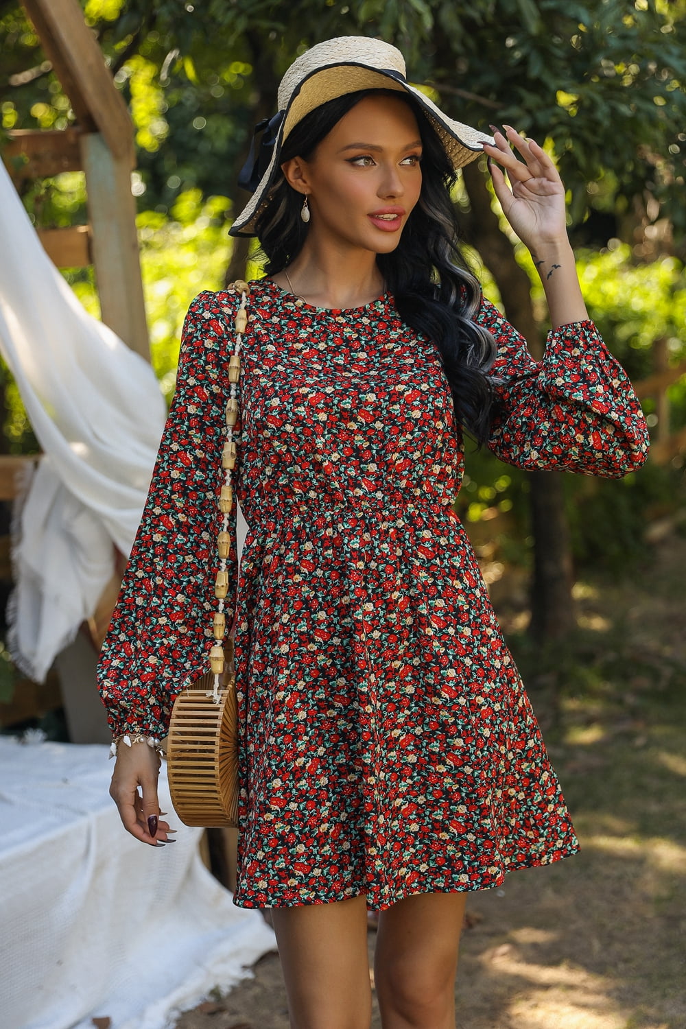 Printed Round Neck Long Sleeve Mini Dress  Dresses- Doll Fits