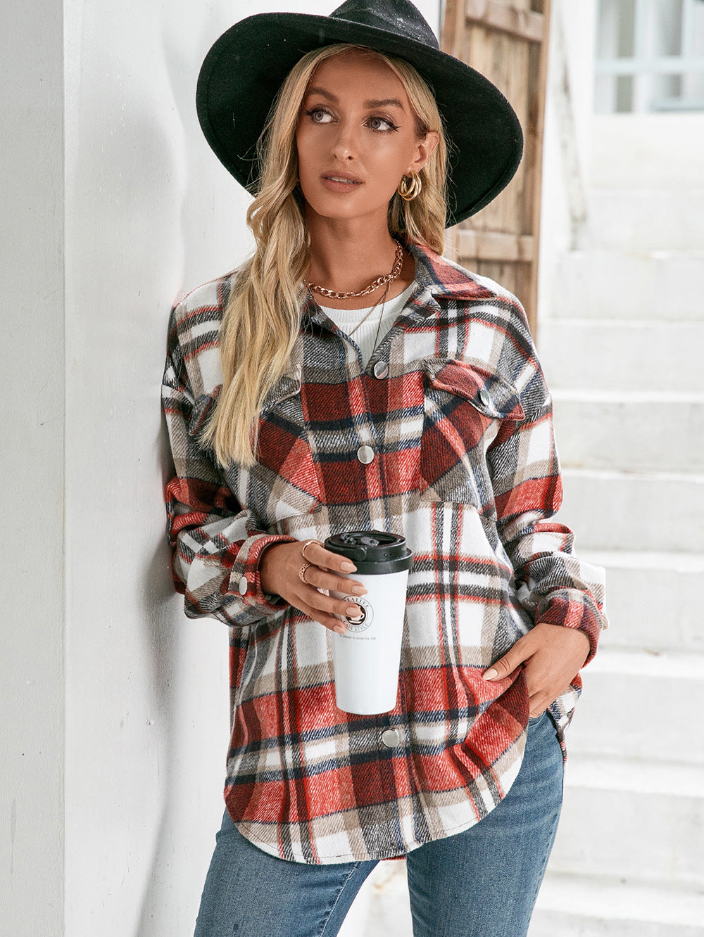 Meet You Outside Plaid Button Down Curved Hem Shacket  - Doll Fits