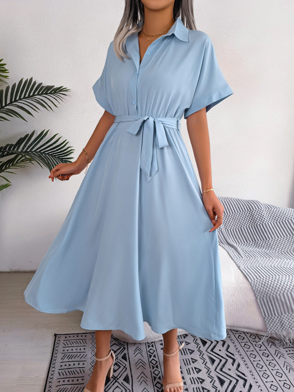 Short Sleeve Collared Tie Belt Dress  Dresses- Doll Fits