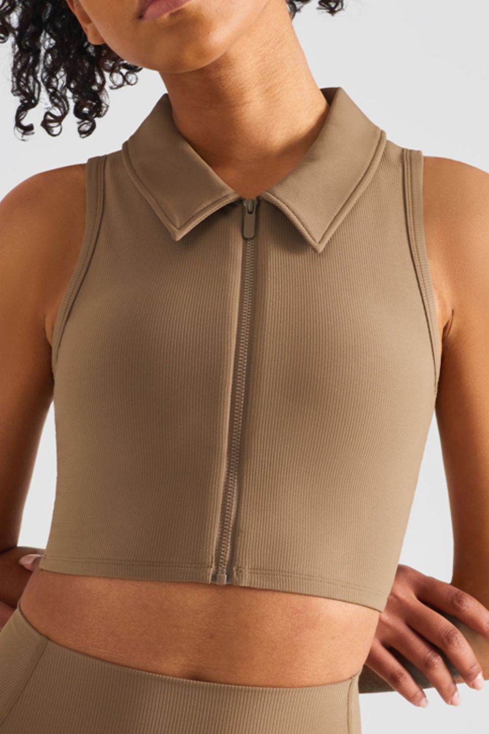 Zip Up Collared Cropped Sports Top  Activewear- Doll Fits