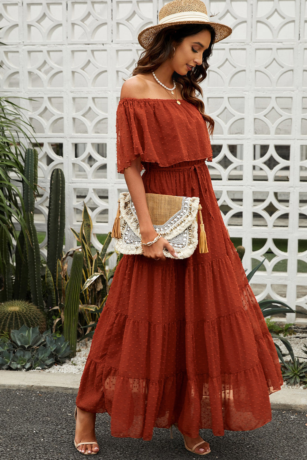 Swiss Dot Off-Shoulder Tiered Maxi Dress  Dresses- Doll Fits
