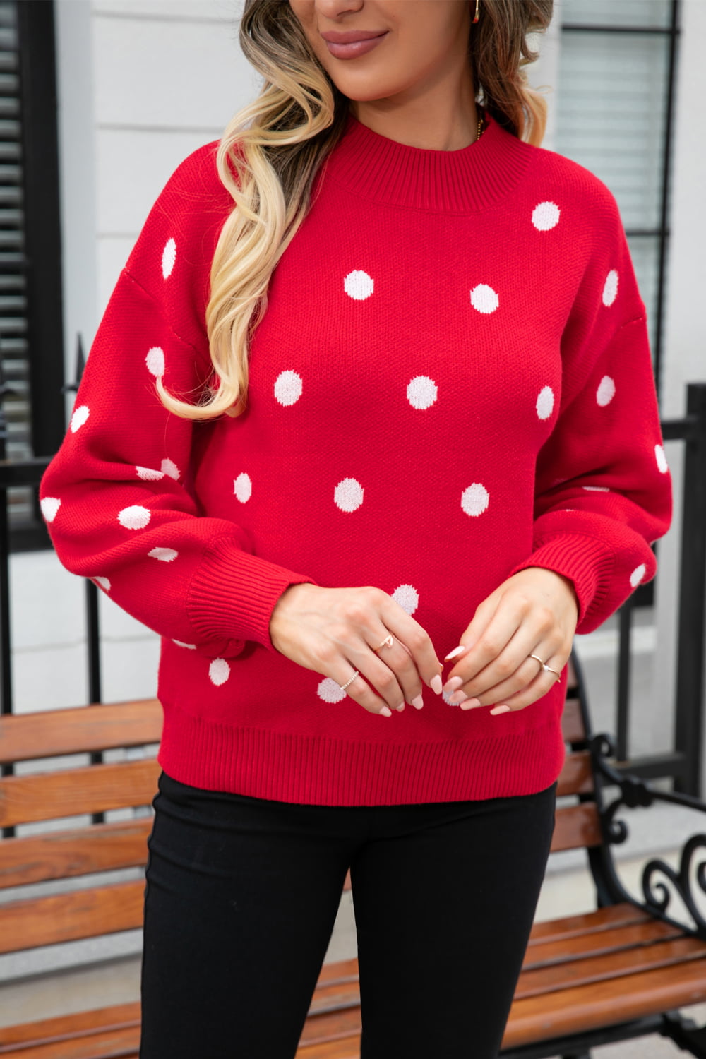 Woven Right Polka Dot Round Neck Dropped Shoulder Sweater  - Doll Fits