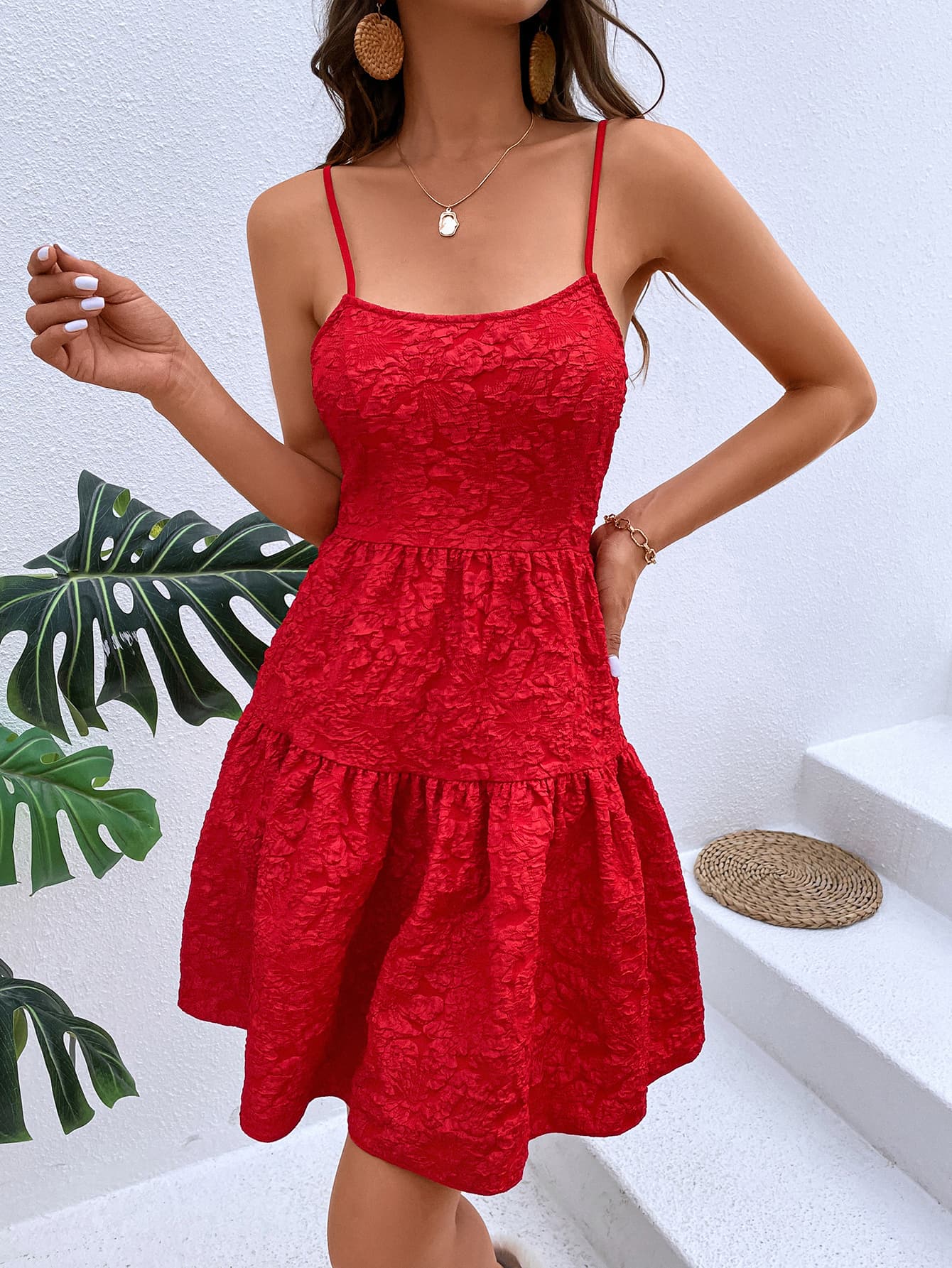 Textured Spaghetti Strap Cutout Dress  Dresses- Doll Fits
