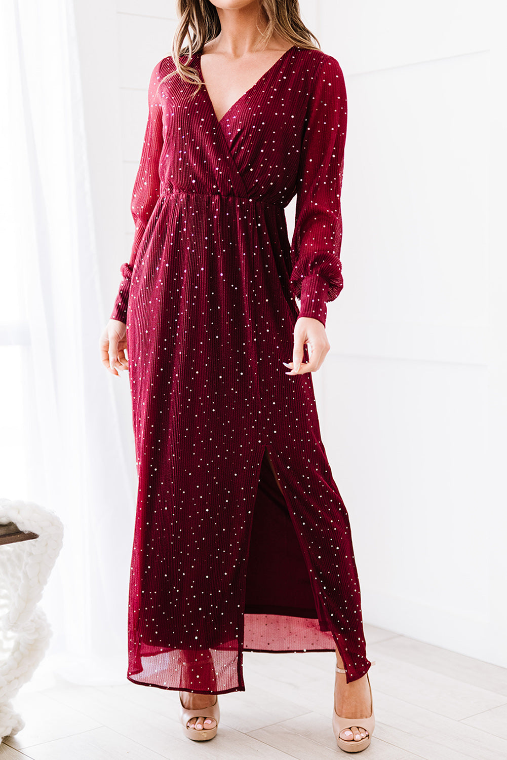Rhinestone Surplice Split Maxi Dress  Dresses- Doll Fits