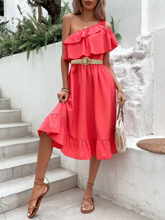 One-Shoulder Ruffle Hem Dress  Dresses- Doll Fits